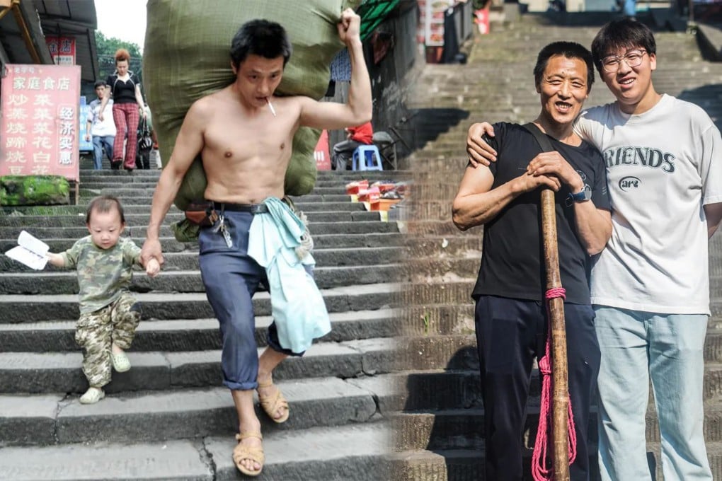 A hard-working Chinese man and his son, who went viral thanks to a photo taken 15 years ago when the boy was a toddler, are back in the spotlight thanks to a Father’s Day tribute. Photo: SCMP composite/The Paper/CCTV