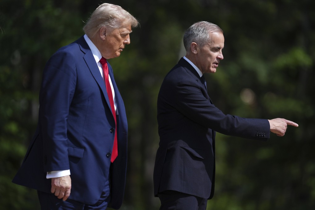 Canadian Prime Minister Mark Carney (right) with US President Donald Trump after officially welcoming the American leader to the G7 summit in Kananaskis, Alberta, on Monday. Photo: The Canadian Press via AP