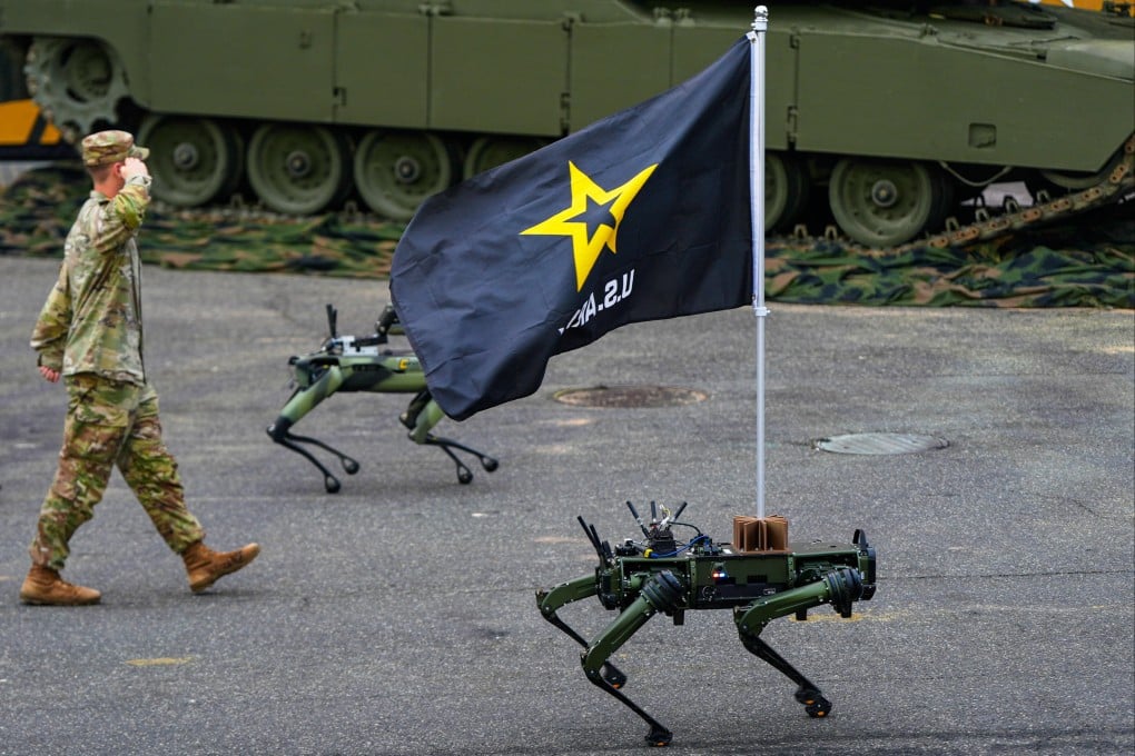 Robot dogs walk past the reviewing stand during a military parade commemorating the US Army’s 250th anniversary in Washington on Saturday. Photo: AP