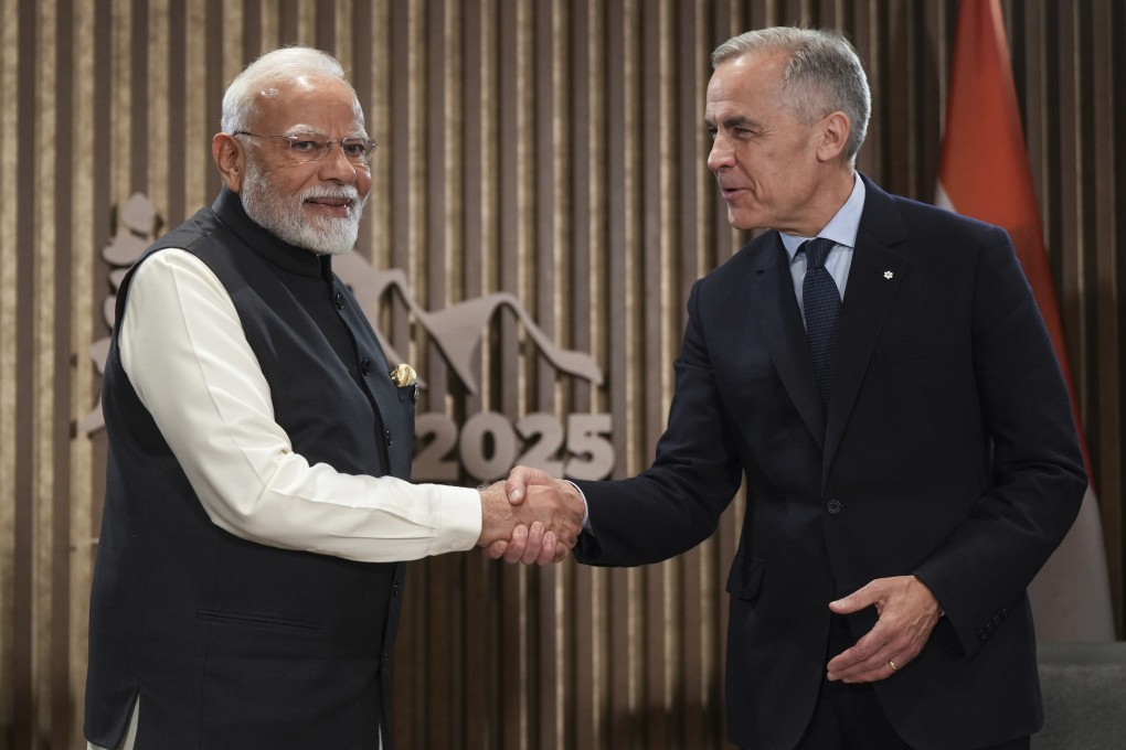 India’s Prime Minister Narendra Modi (left) and Canada’s Prime Minister Mark Carney shake hands during a meeting at the G7 Summit in Kananaskis, Alberta, on Tuesday. Photo: Canadian Press via AP