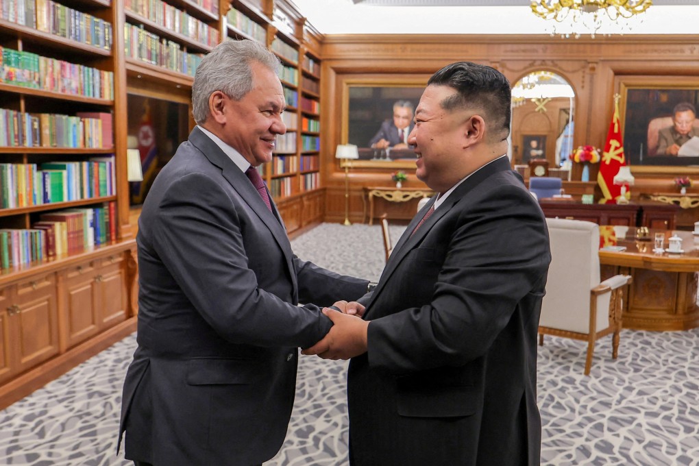 North Korean leader Kim Jong-un (right) with Russia’s Sergei Shoigu in Pyongyang on June 4. Photo: KCNA via Reuters