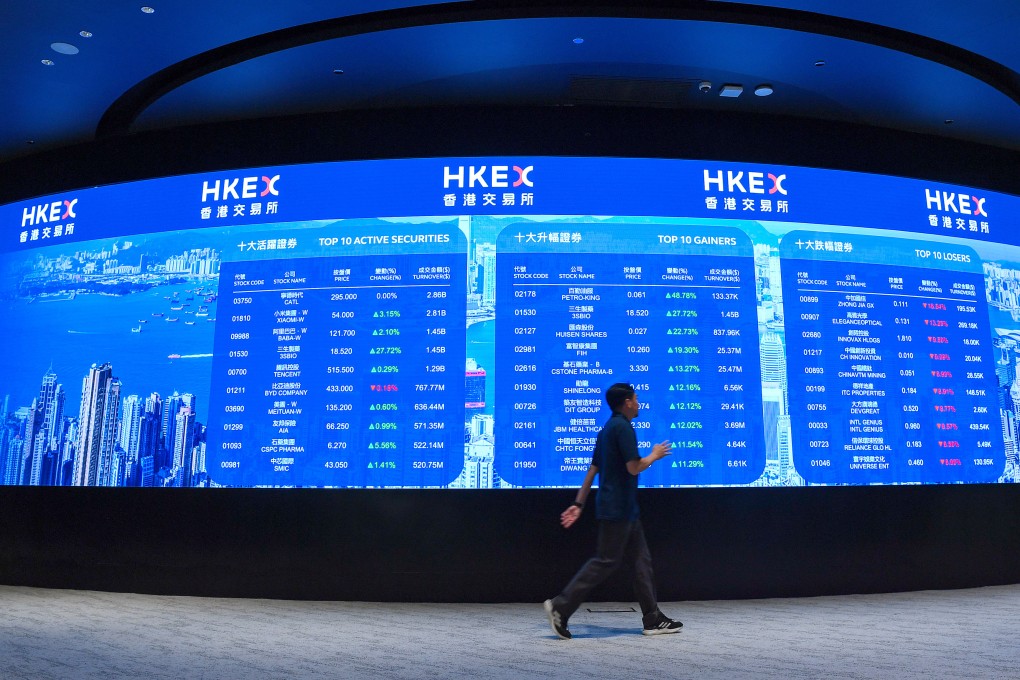 The electronic display board at the Connect Hall in the Hong Kong stock exchange building on May 20, 2025. Photo: Xinhua