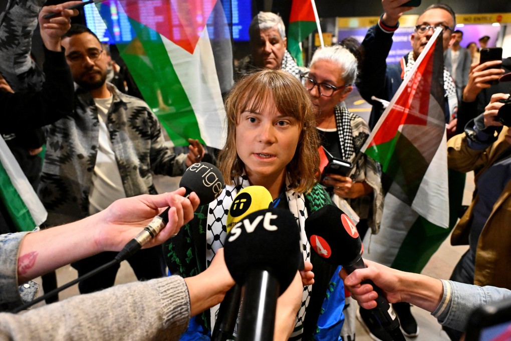 Swedish activist Greta Thunberg talks to journalists as she arrives at Arlanda airport outside Stockholm, Sweden, having been deported there by Israel. on June 10. Photo: TT News Agency via Reuters