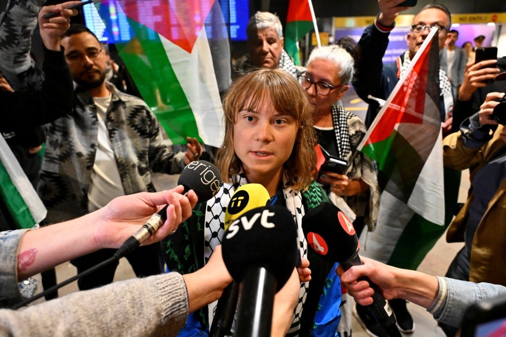 Swedish activist Greta Thunberg talks to journalists as she arrives at Arlanda airport outside Stockholm, Sweden, having been deported there by Israel. on June 10. Photo: TT News Agency via Reuters