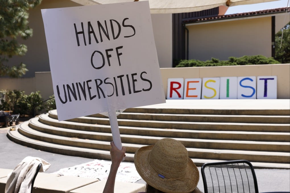 Stanford University faculty, alumni and students hold a rally on campus in May. Photo: EPA-EFE