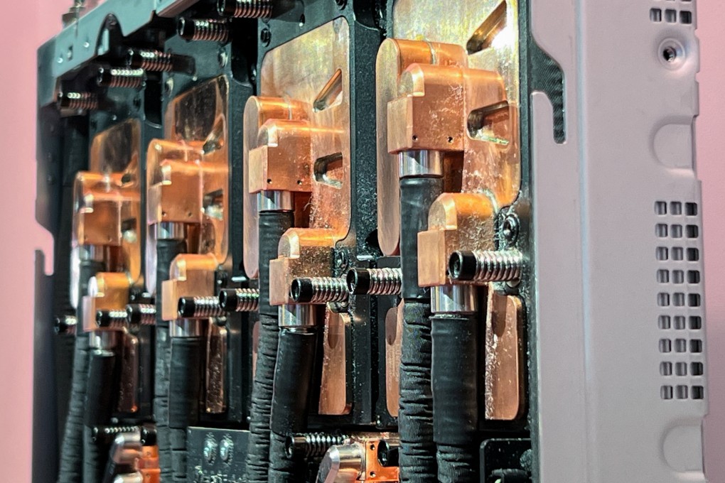 Data centre servers and components containing the newest AI chips from Nvidia on display at the company’s GTC software developer conference in San Jose, California, on March 19. Photo:Reuters
