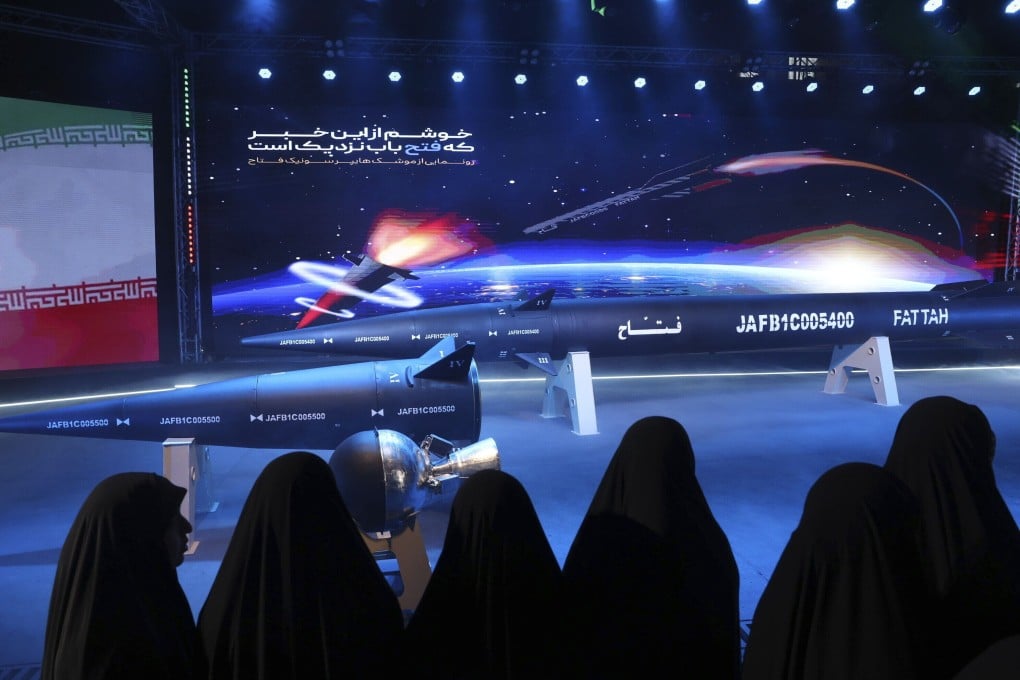 A Fattah missile is displayed at a ceremony in Tehran, Iran, in June 2023. Photo: Tasnim News Agency via AP