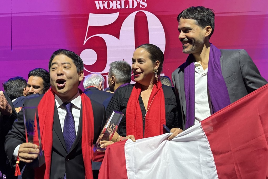 Mitsuharu “Micha” Tsumura (left) of Maido in Lima, Peru, celebrates his restaurant’s top ranking in the World’s 50 Best Restaurants 2025 list with fellow Lima restaurant representatives Pia Leon (centre) and Virgilio Martinez of Central, at the Auditorium Giovanni Agnelli in Turin, Italy, on June 19, 2025. Photo: Charmaine Mok