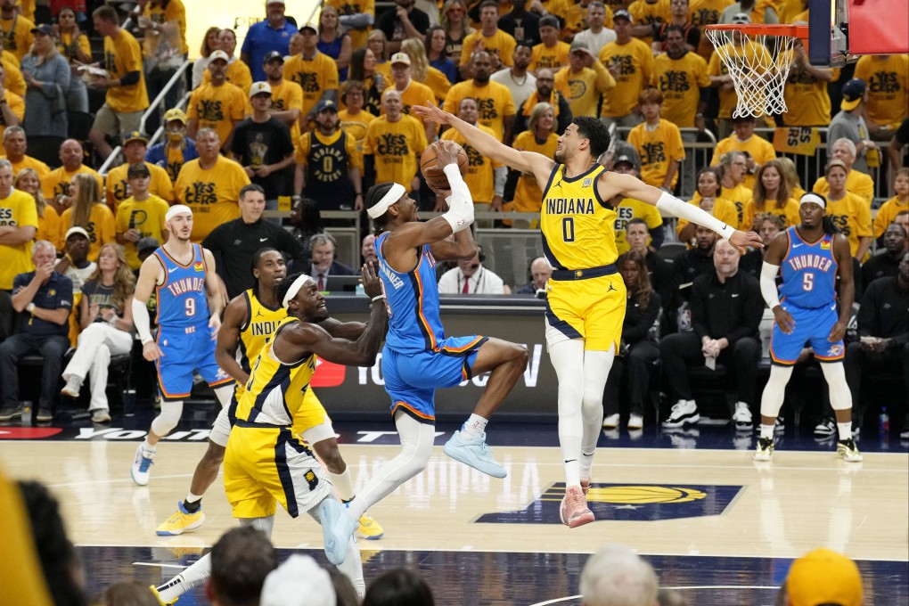Oklahoma City Thunder guard Shai Gilgeous-Alexander (left) drives to the basket against Indiana Pacers guard Tyrese Haliburton during the first half of Game 6. Photo: Reuters