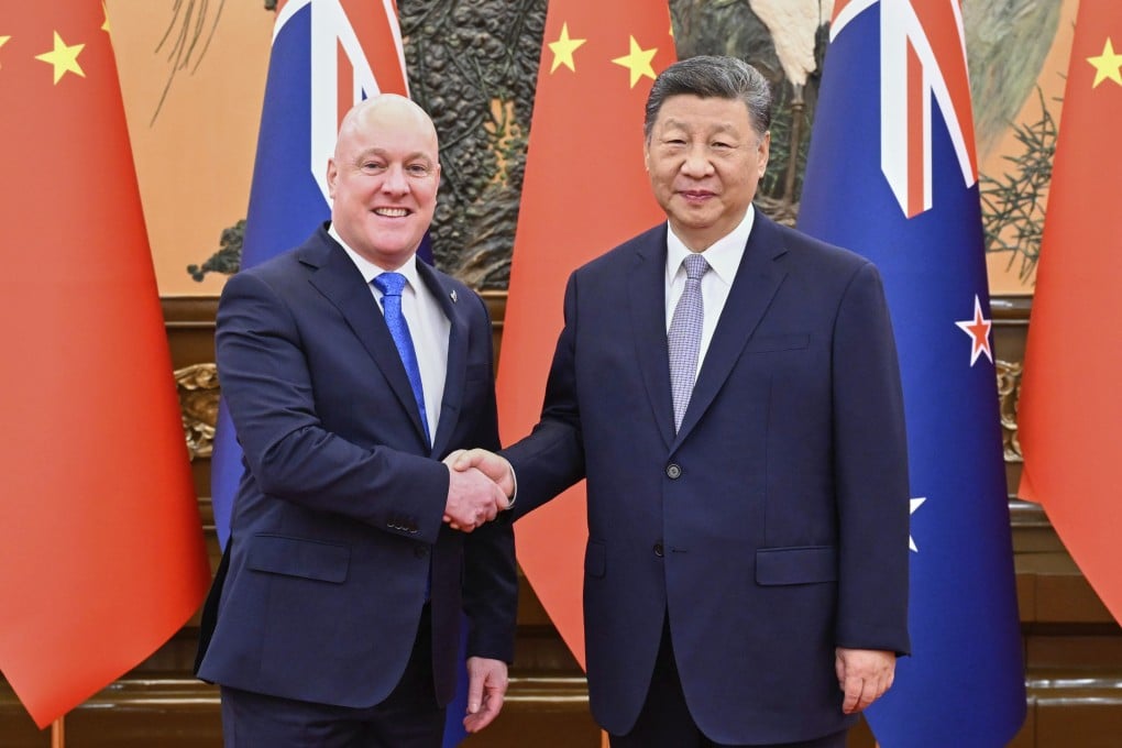 Chinese President Xi Jinping and New Zealand Prime Minister Christopher Luxon ahead of their meeting in Beijing on Friday. Photo: Xinhua via AP