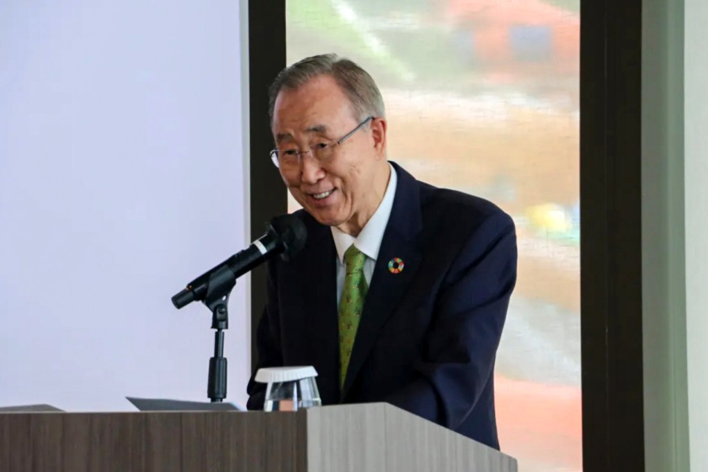 Former UN secretary general Ban Ki-moon addresses the Fullerton Forum in Hong Kong on Tuesday. Photo: CCCW