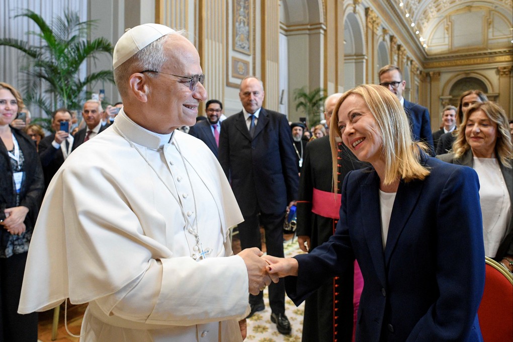 Pope Leo shakes hands with Italian Prime Minister Giorgia Meloni during an event related to the Jubilee of Governments at the Vatican, on Saturday. Photo: Reuters
