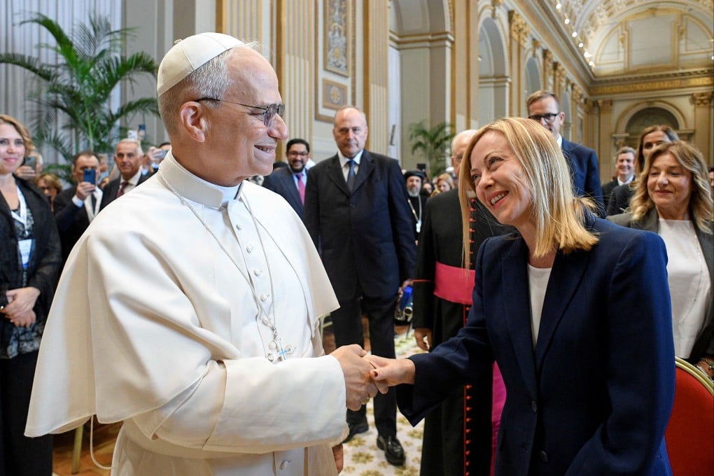 Pope Leo shakes hands with Italian Prime Minister Giorgia Meloni during an event related to the Jubilee of Governments at the Vatican, on Saturday. Photo: Reuters