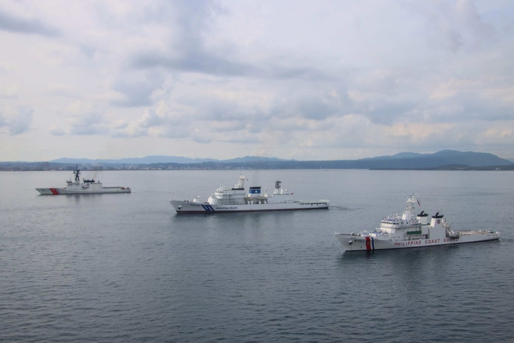 The Philippine Coast Guard ship ‘Teresa Magbanua’ (right), the Japan Coast Guard ship ‘Asanagi’ (centre) and the United States Coast Guard ship ‘Cutter Stratton’ (left) in formation during maritime exercises in the waters around the southern city of Kagoshima, Kagoshima prefecture, Japan, on Friday. Photo: AFP