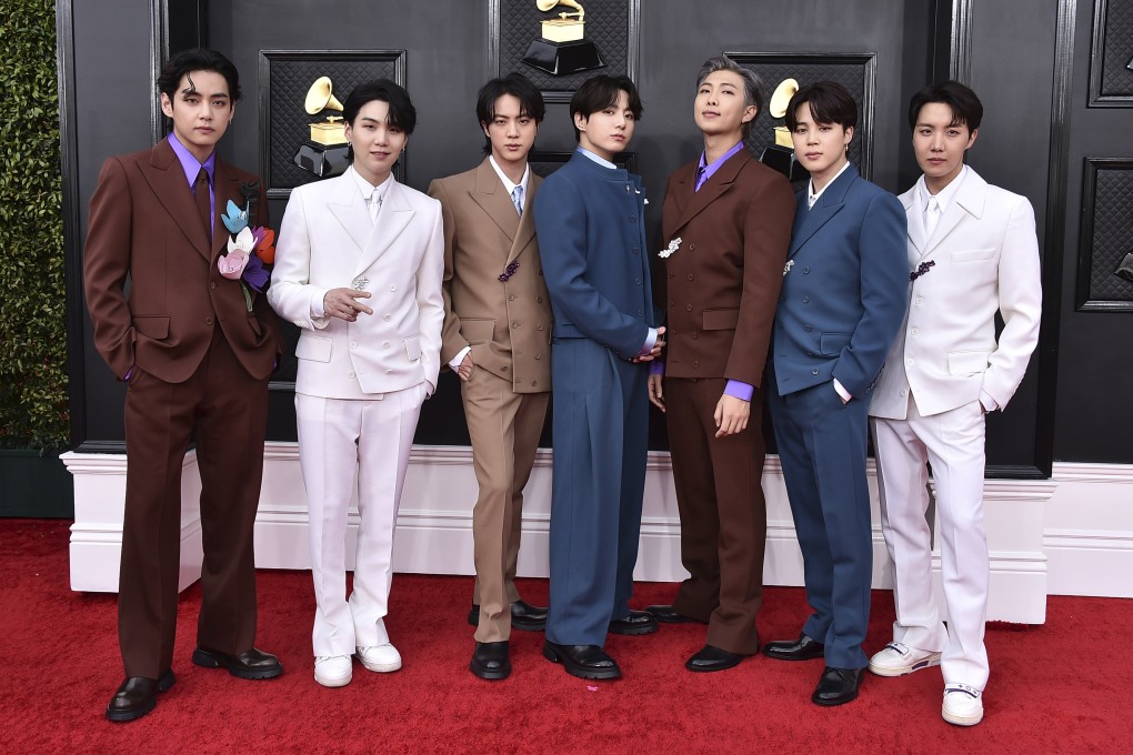 BTS at the 64th Annual Grammy Awards in 2022, in Las Vegas. The K-pop boy group are expected to reunite later this year, as the last member - Suga - completes his mandatory military service this week. Photo: AP