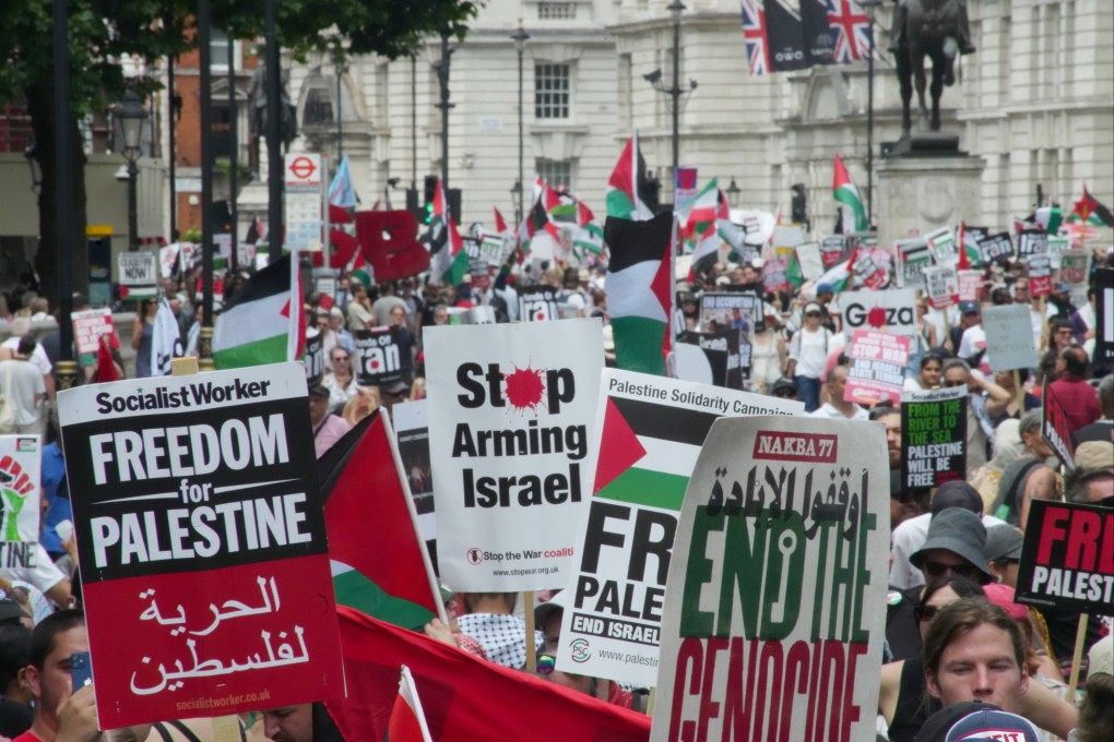 People take part in a march organised by the Palestine Solidarity Campaign, from Russell Square to Whitehall in central London on Saturday. Photo dpa