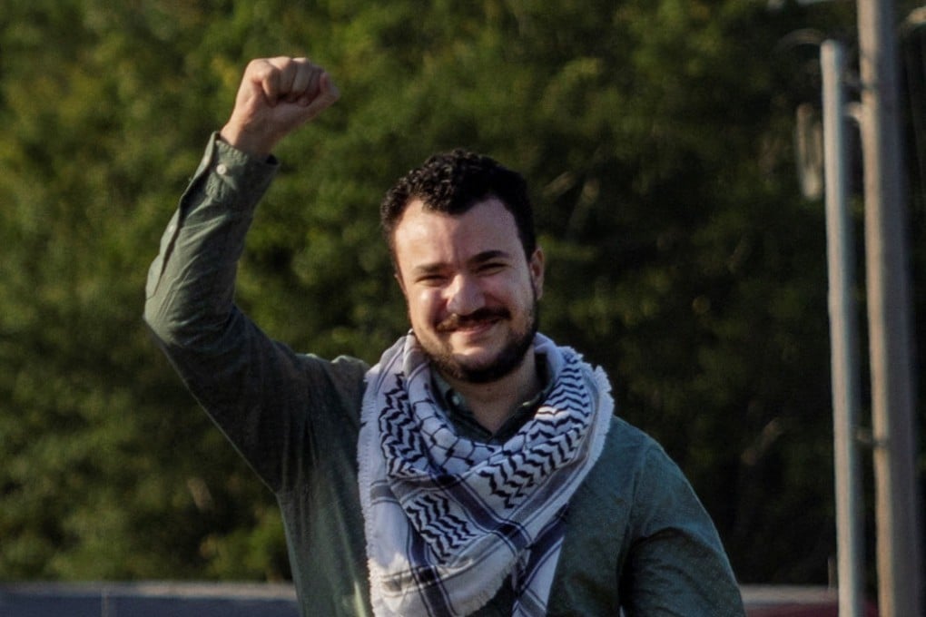 Columbia University graduate student Mahmoud Khalil gestures as he is released from immigration custody in Jena, Louisiana, on Friday. Photo: Reuters