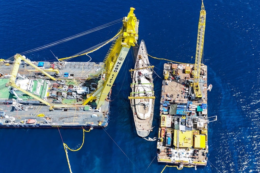 A drone view shows the Bayesian after it was brought to surface by floating crane ships near Palermo, Sicily, Italy, on Saturday. Photo: Reuters