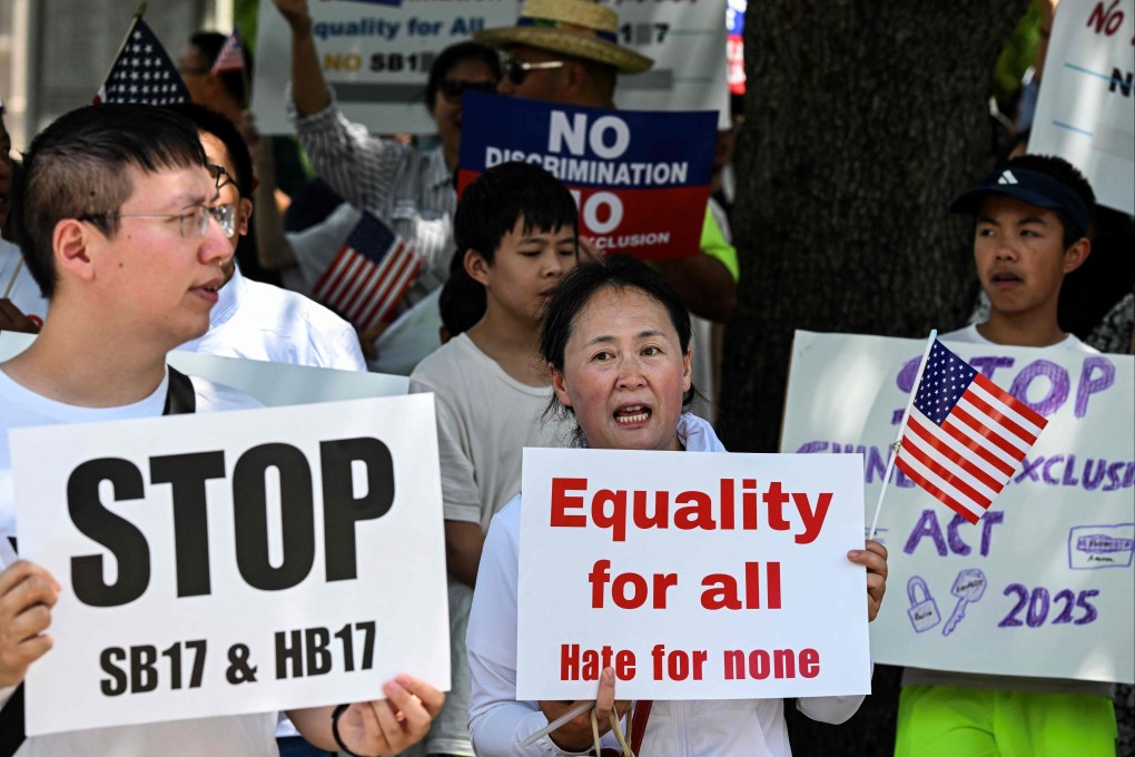 Protesters at the state capitol in Austin, Texas, on May 10 opposing bills to ban citizens and entities of China, Iran, North Korea, and Russia, from buying properties in Texas. Photo: AFP