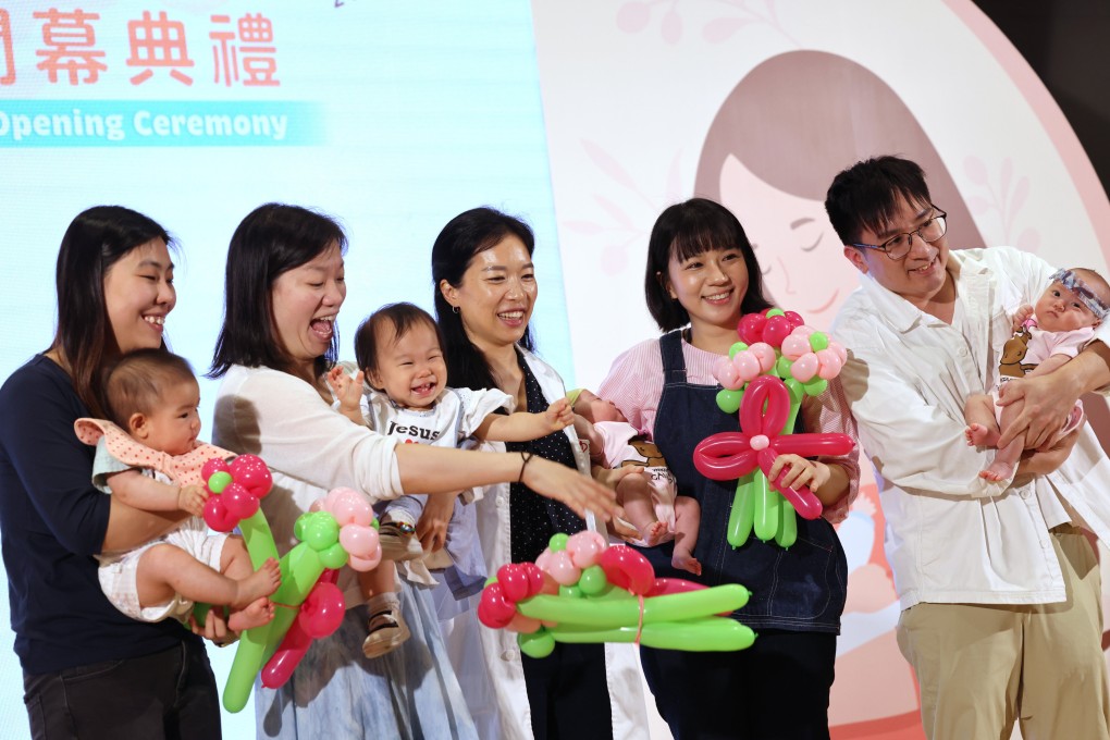 Donors Lau Yin-fuk and Yovo Chan Hoyiu, left, alongside Dr Tania Wan Wai-ving, centre, and parents of a recipient child, Mrs and Mr Tong, at the opening ceremony of the Hong Kong Breast Milk Bank. Photo: Jelly Tse
