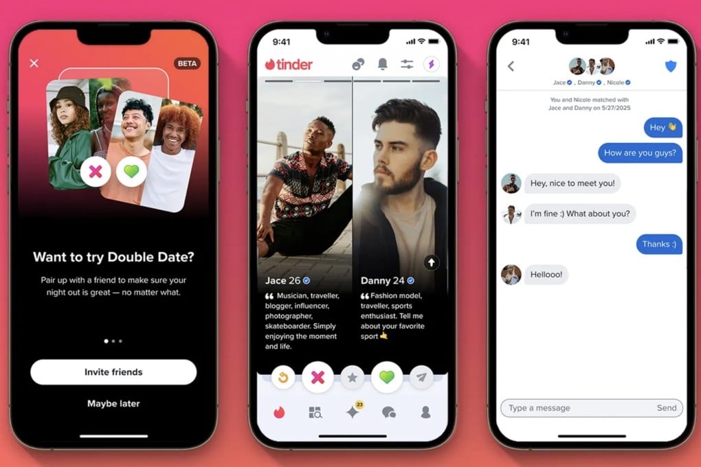 Tinder’s new Double Date feature allows users to create joint profiles with friends to match with other pairs. Photo: Tinder