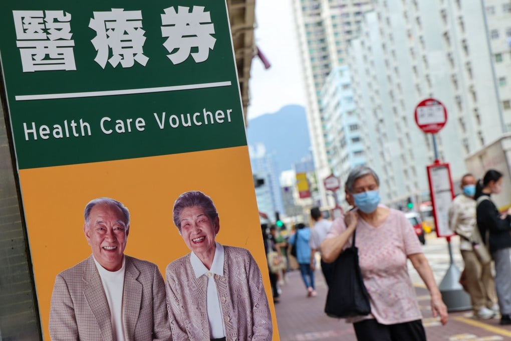 A billboard in To Kwa Wan advertises the expansion of the Elderly Health Care Voucher Pilot Scheme to more cities in the Greater Bay Area. Photo: Jelly Tse