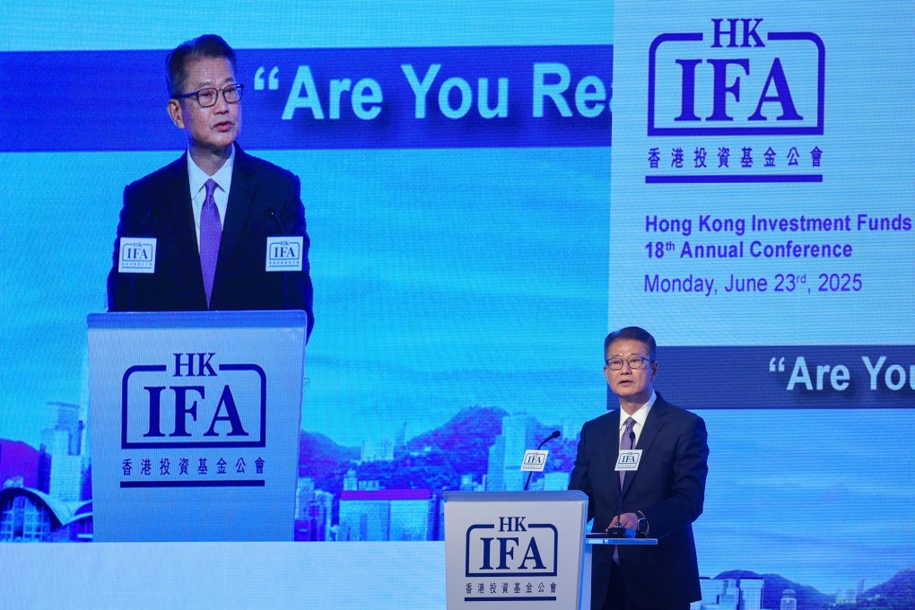 Financial Secretary Paul Chan Mo-po speaks at the Hong Kong Investment Funds Association’s annual conference on Monday. Photo: Edmond So