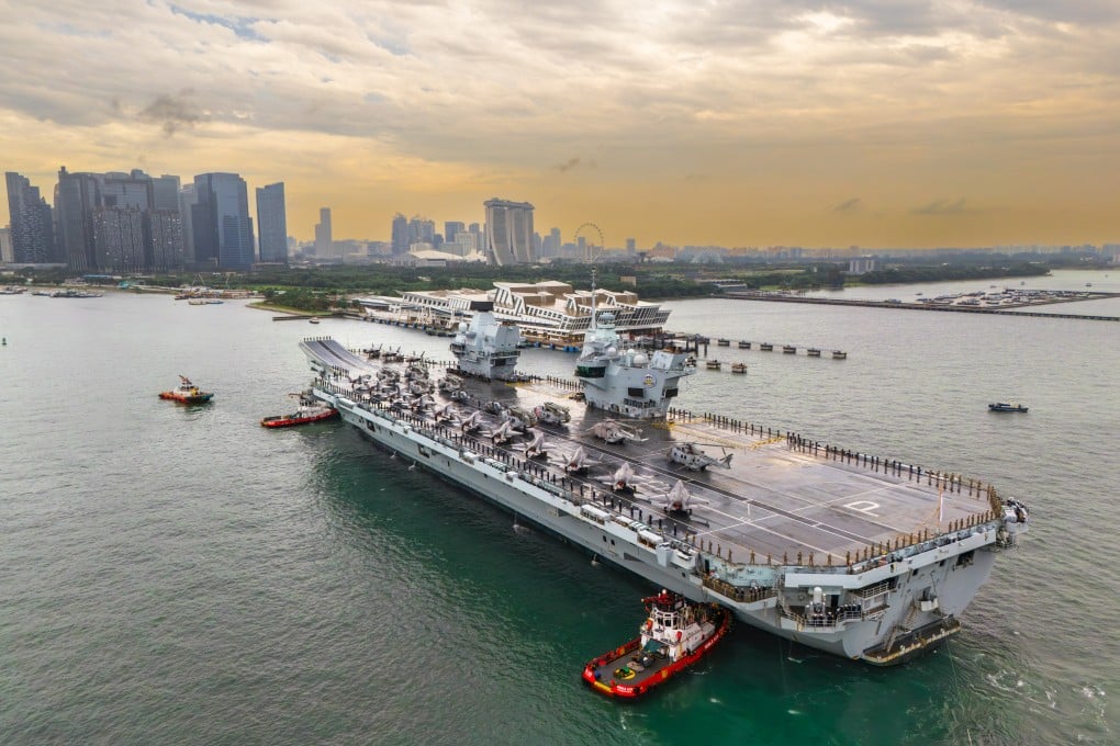 The UK’s HMS Prince of Wales arrives at Singapore’s Marina Bay Cruise Centre on Monday, its first port of call as part of its eight-month deployment for Operation Highmast. Photo: British High Commission Singapore