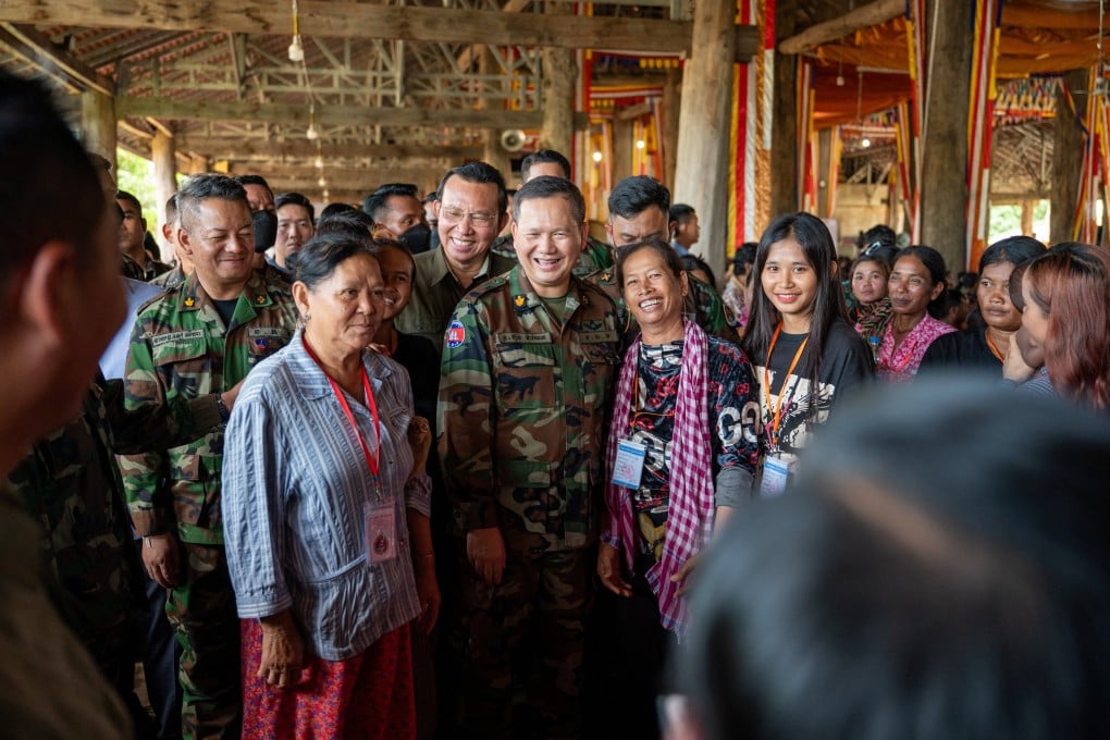 Cambodia’s Prime Minister Hun Manet visits a temporary shelter in Preah Vihear province on Monday, following a clash at the Thailand-Cambodia border in May. Photo: Handout via Reuters