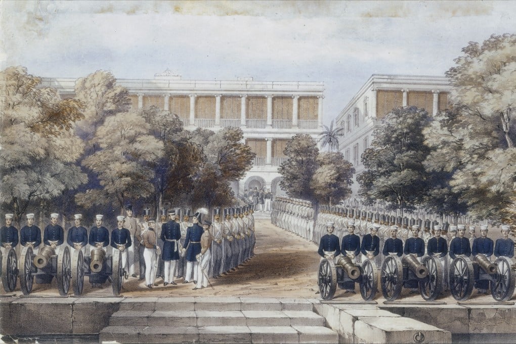 Ranks of soldiers outside a British factory in Guangzhou, in 1847. A coloured lithograph from the collection of the Hong Kong Museum of Art, donated by Sir Paul Chater. Photo: Handout