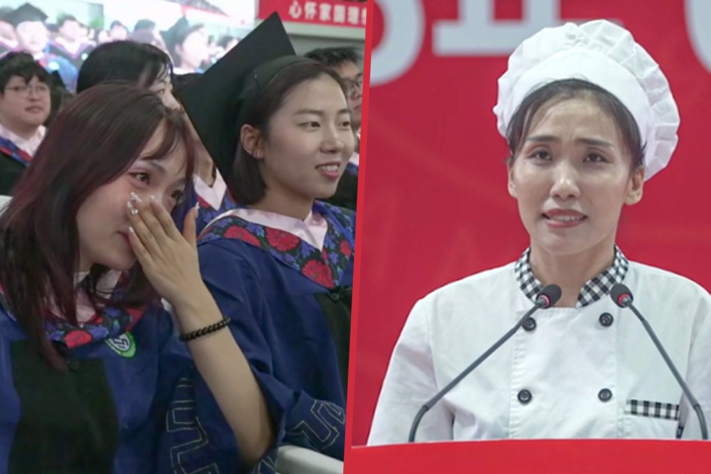 A Chinese canteen worker has moved students to tears with a speech she gave at their graduation ceremony. Photo: SCMP composite/cnr.cn