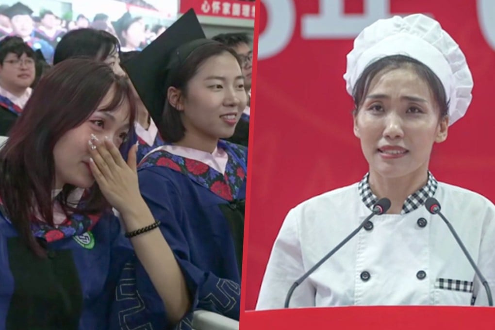 A Chinese canteen worker has moved students to tears with a speech she gave at their graduation ceremony. Photo: SCMP composite/cnr.cn