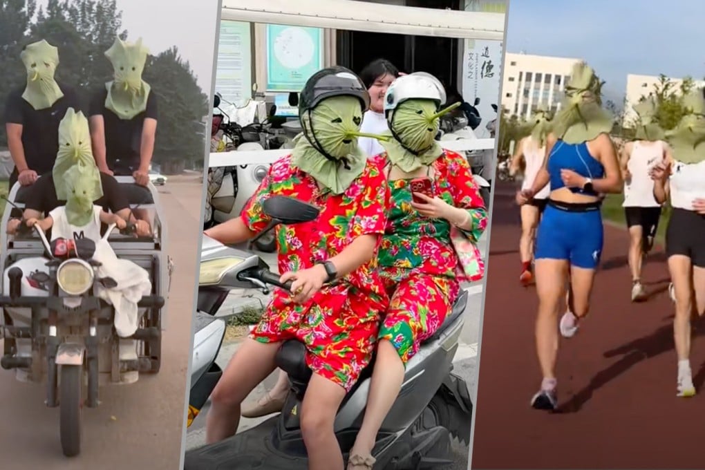 Young people in China are making full-face sun protection masks from giant lotus leaves, sparking much online hilarity. Photo: SCMP composite/Douyin