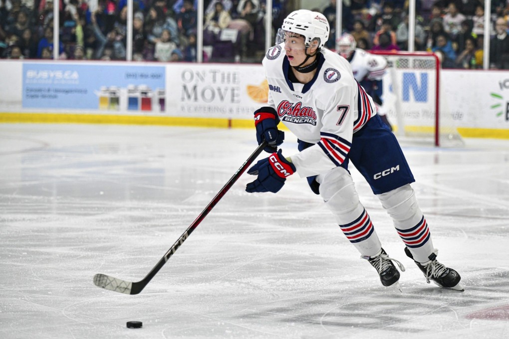 Oshawa Generals defenceman Wang Haoxi handling the puck during a match against Brampton in March. Photo: AP