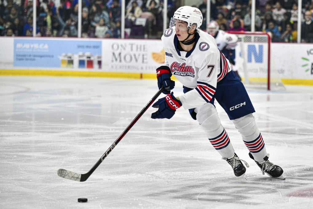 Oshawa Generals defenceman Wang Haoxi handling the puck during a match against Brampton in March. Photo: AP