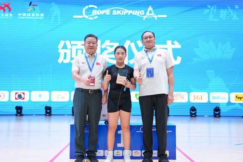 Feng Xihui (middle) smashed her single jump record at the National Rope Skipping League on Saturday. Photo: Handout