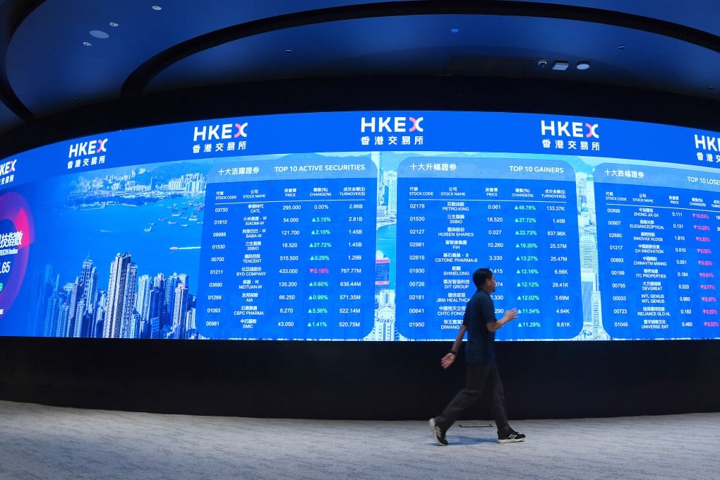 A man walks past an electronic display board at the Hong Kong stock exchange in Exchange Square in Central on May 20, 2025. Photo: Xinhua