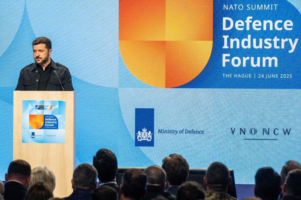 Ukrainian President Volodymyr Zelensky speaking at the defense industry forum, during a North Atlantic Treaty Organization summit in The Hague on Tuesday. Photo: ANP/AFP