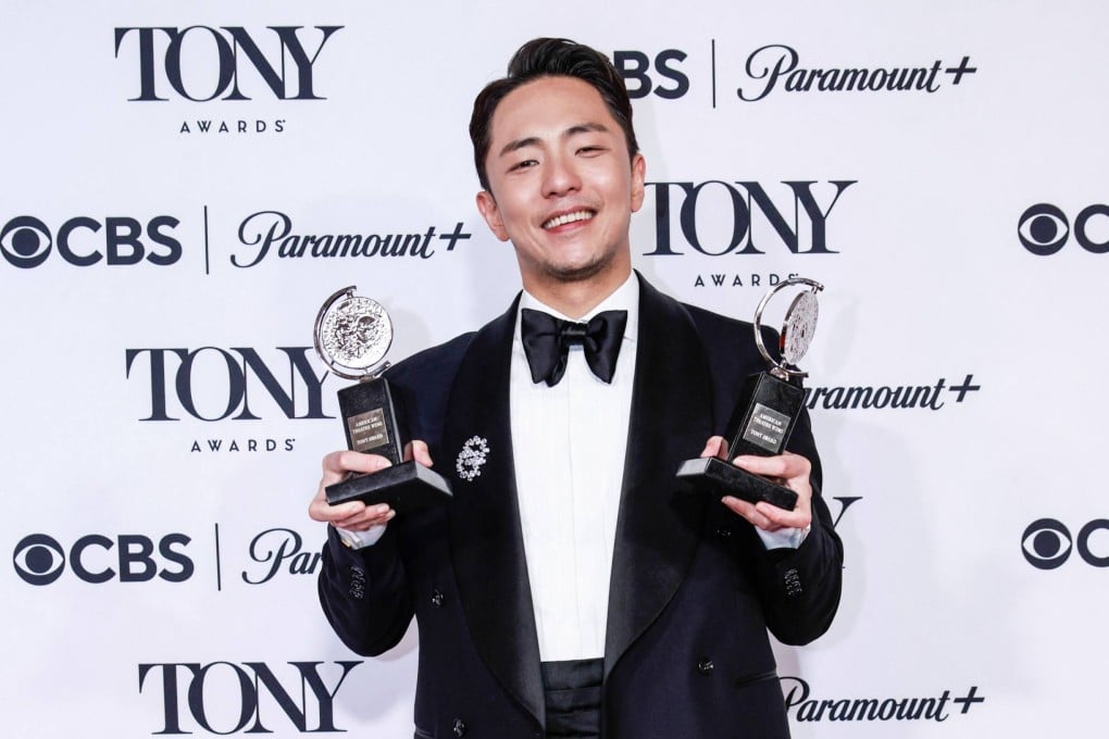 South Korean lyricist and music writer Hue Park poses with the best score award and the best book of a musical award for Maybe Happy Ending at the 78th Tony Awards at Radio City Music Hall in New York on June 8, 2025. Photo: AFP