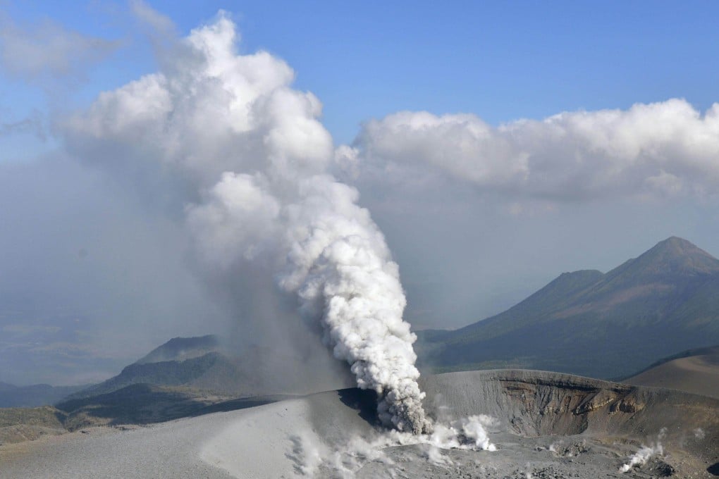 Plumes of smoke rise from Mount Shinmoe in Kyushu during an eruption on October 11, 2017 – the volcano’s first in six years. The same volcano erupted again in June 2025 amid heightened seismic activity across southern Japan. Photo: Kyodo