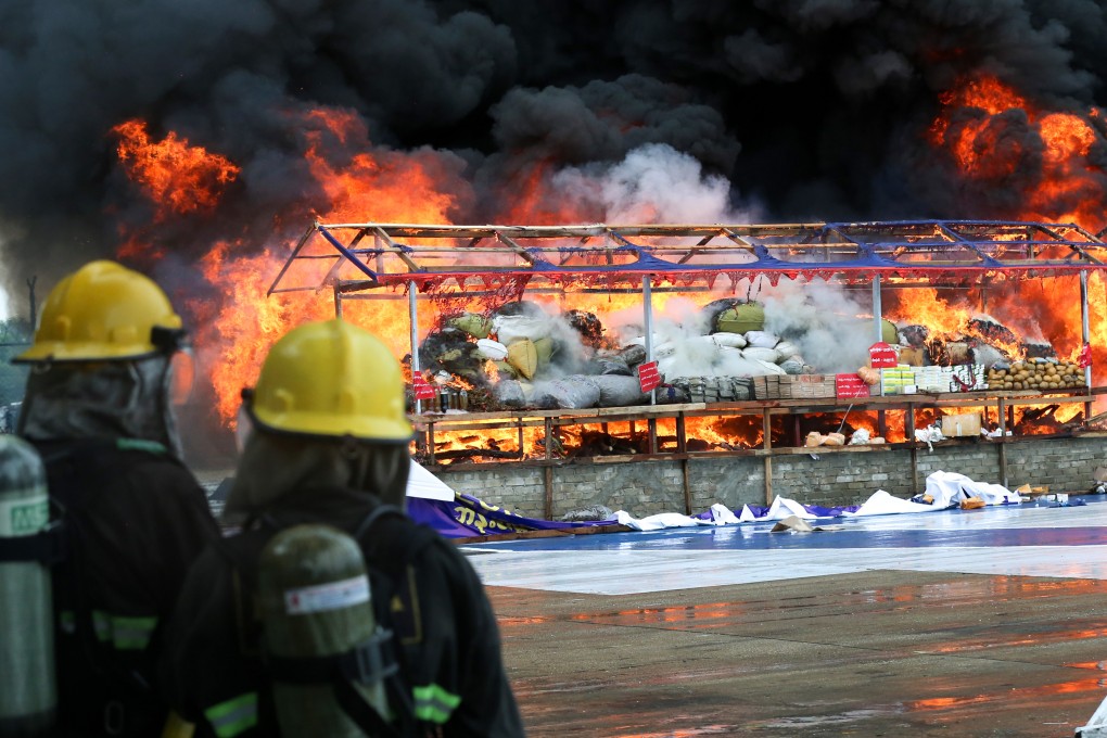 Seized drugs are burnt in Yangon, Myanmar on Thursday,. Photo: Xinhua