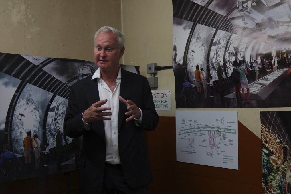 Angus Murray, CEO of The London Tunnels, shows photos and diagrams relating to the tunnels, which were built under the UK capital during World War II. Photo: AP