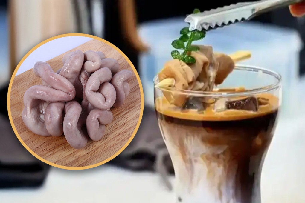 A cafe in China has gone viral for selling coffee laced with cooked pig intestine. Photo: SCMP composite/Shutterstock/Baidu