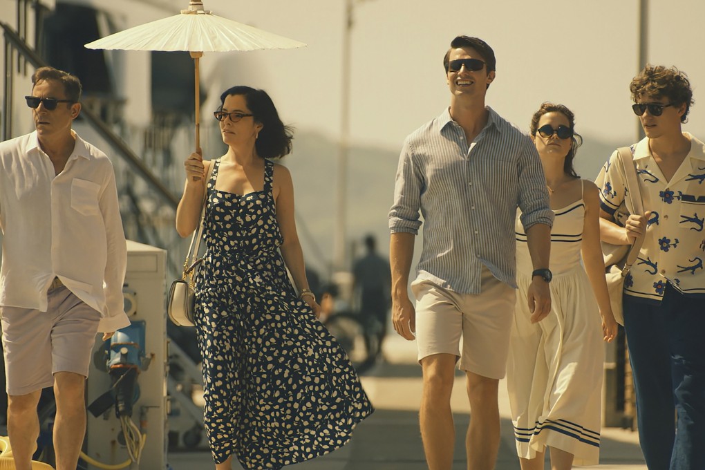 (From left) Jason Isaacs, Parker Posey, Patrick Schwarzenegger, Sarah Catherine Hook and Sam Nivola in a still from Season 3 of The White Lotus, streaming on HBO Max. Photo: TNS