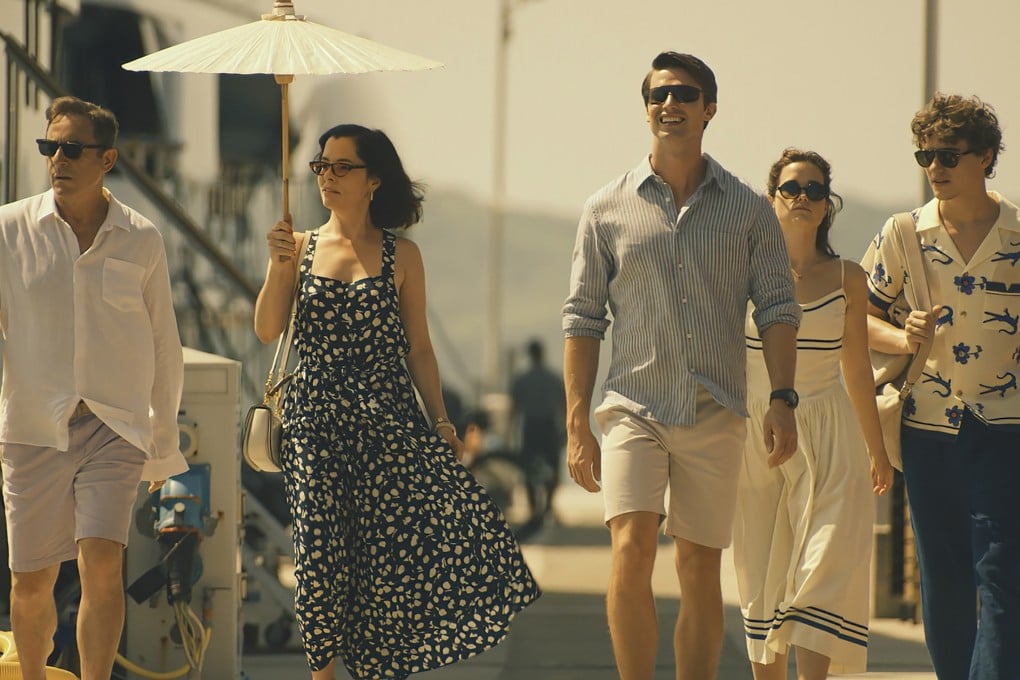 (From left) Jason Isaacs, Parker Posey, Patrick Schwarzenegger, Sarah Catherine Hook and Sam Nivola in a still from Season 3 of The White Lotus, streaming on HBO Max. Photo: TNS