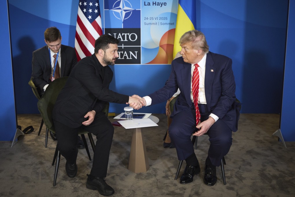 Ukrainian President Volodymyr Zelensky (left) and US President Donald Trump shake hands during a meeting on the sidelines of the Nato summit in The Hague on Wednesday. Photo: Ukrainian Presidential Services via EPA