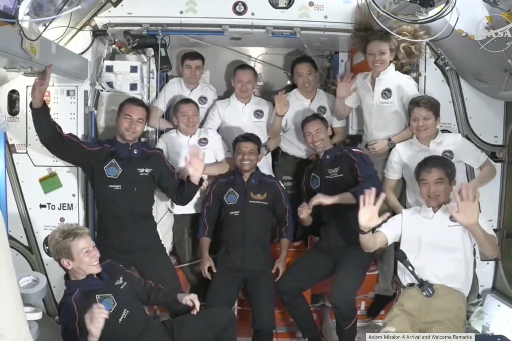 Indian astronaut Shubhanshu Shukla with fellow astronauts aboard the International Space Station on Thursday. Shukla is India’s second astronaut going into space. Photo: Nasa via AP