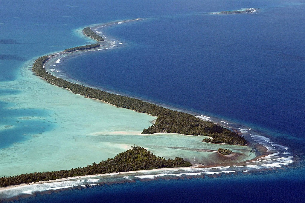 The serpentine coastline of Funafuti Atoll of Tuvalu. Scientists have warned Tuvalu is likely to have only 80 years before it becomes uninhabitable. Photo: AFP