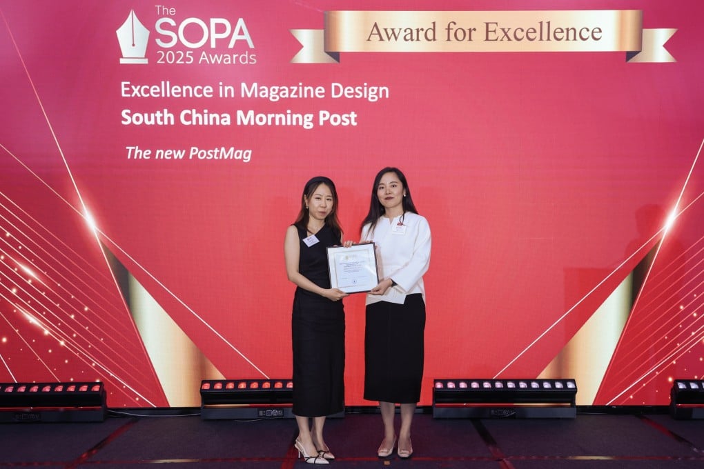 Naomi Chan (left), lead designer of PostMag, receiving the SOPA 2025 Excellence in Magazine Design award, honouring the excellent design of the new magazine. Photo: SOPA