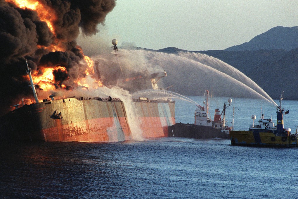 A tanker is seen ablaze in 1987 after being attacked by an Iranian warship as it approached the Strait of Hormuz. Photo: AFP
